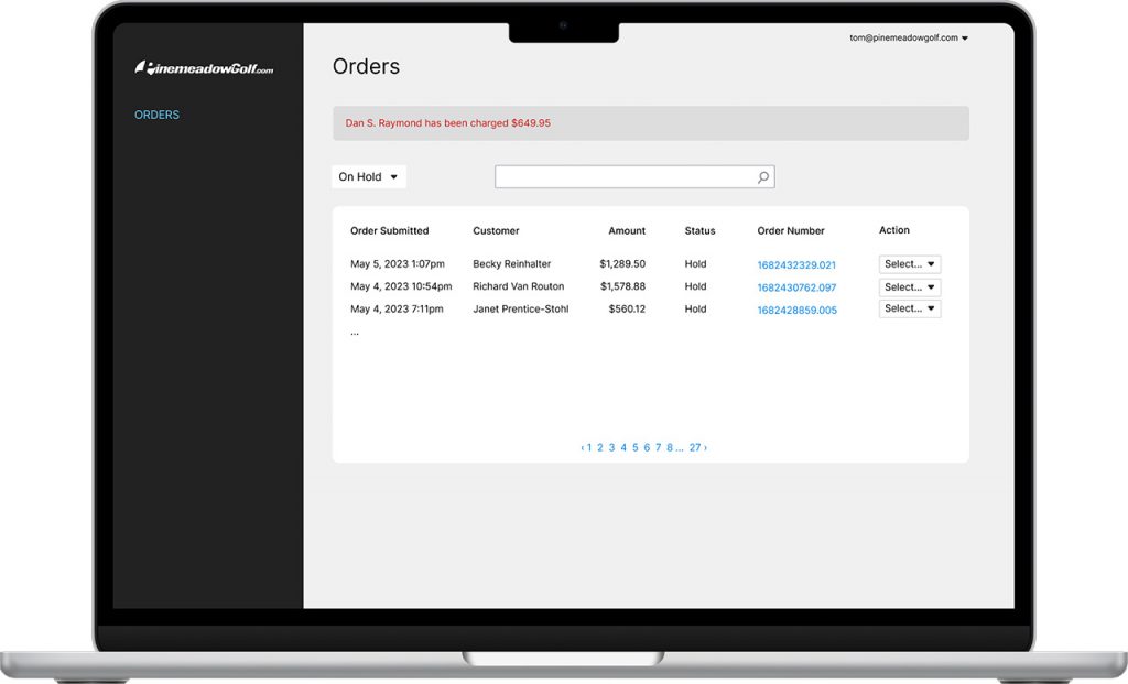 screenshot of pinemeadowgolf.com orders admin