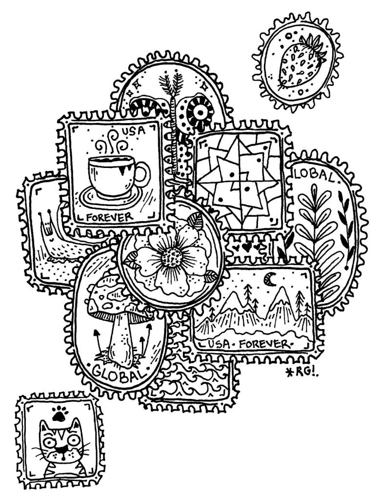 A collage of stamps