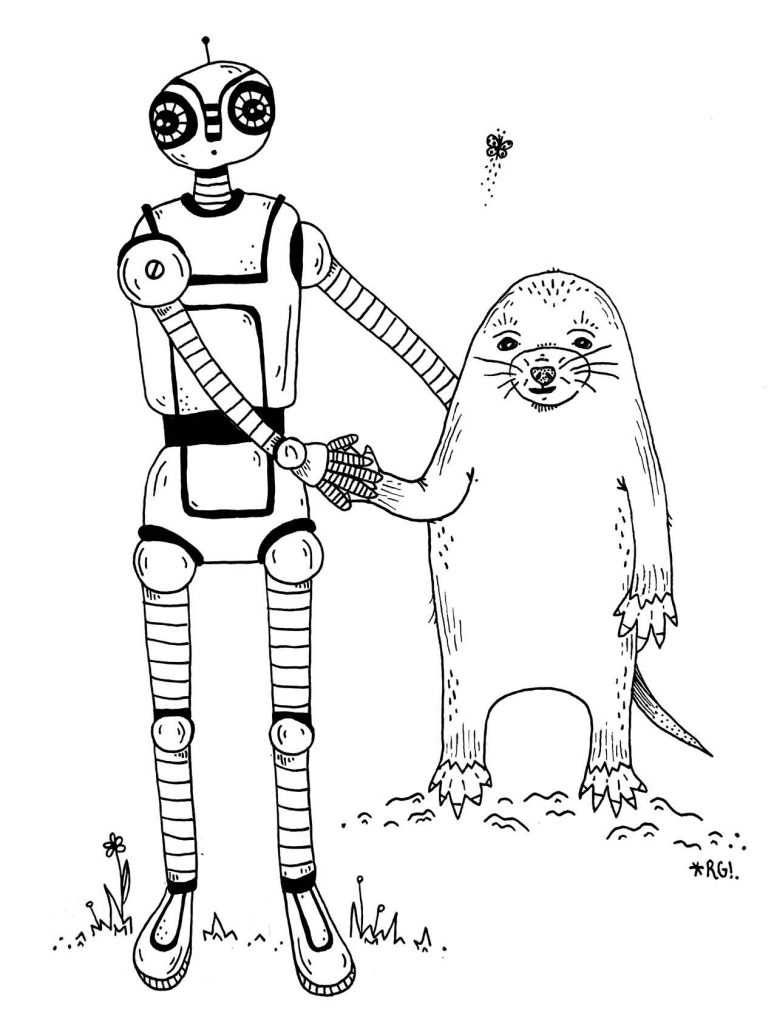 A robot and mole posing together