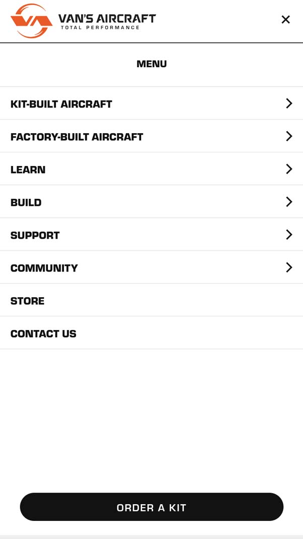 A mobile menu for the Van's Aircraft website.
