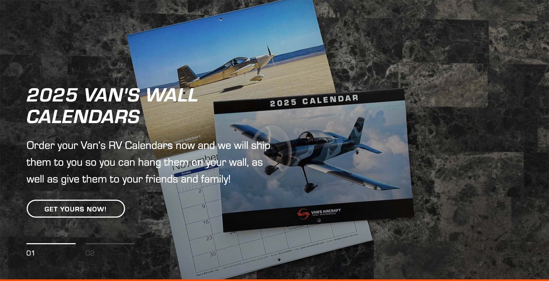 A detail of the Van's Aircraft online store showing a promotion for 2025 wall calendars