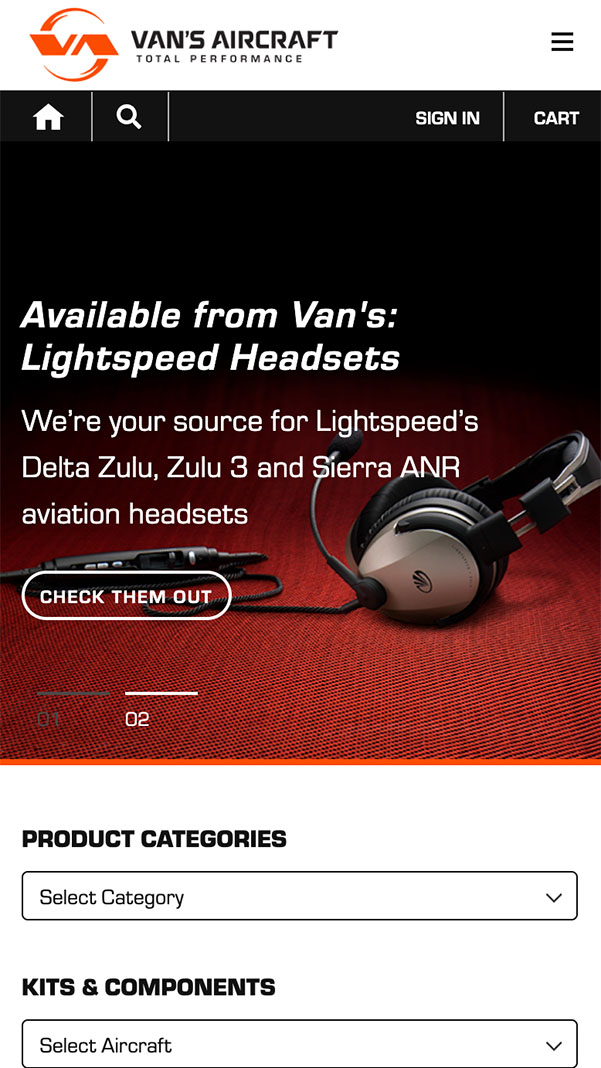 The home page of the Van's Aircraft store (mobile)