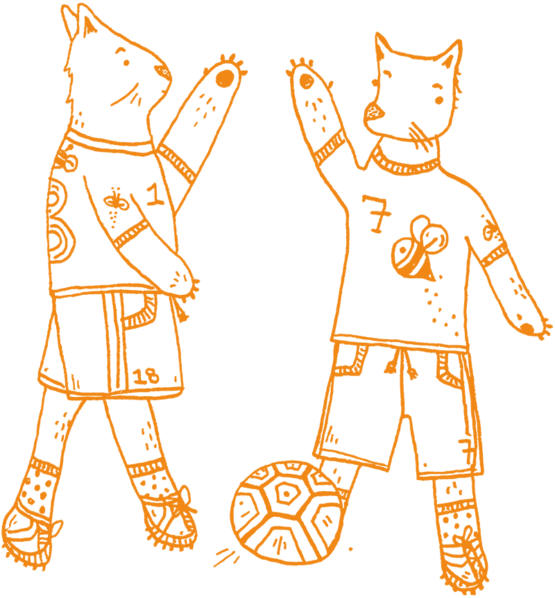 Two soccer playing critters in matching uniforms high five