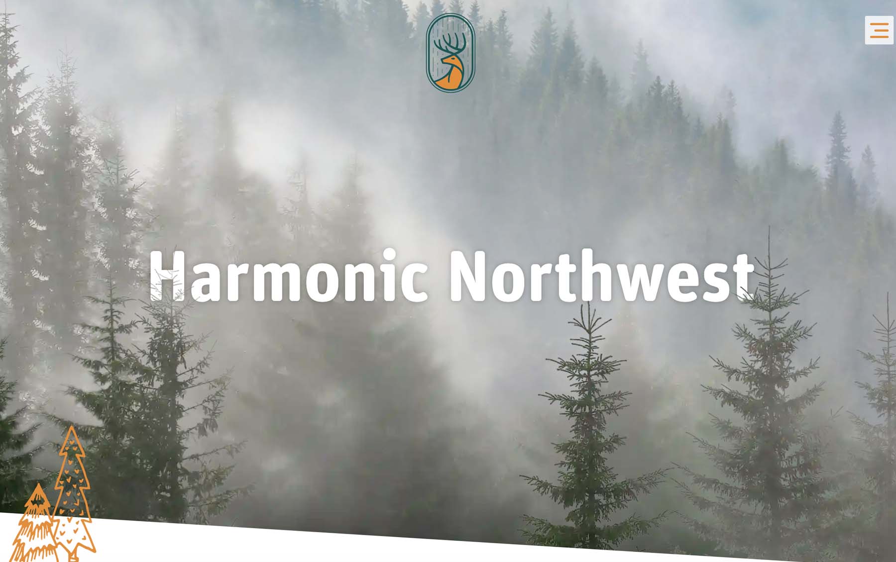A screenshot from harmonicnw.com home page banner featuring doug fir trees shrouded in fog