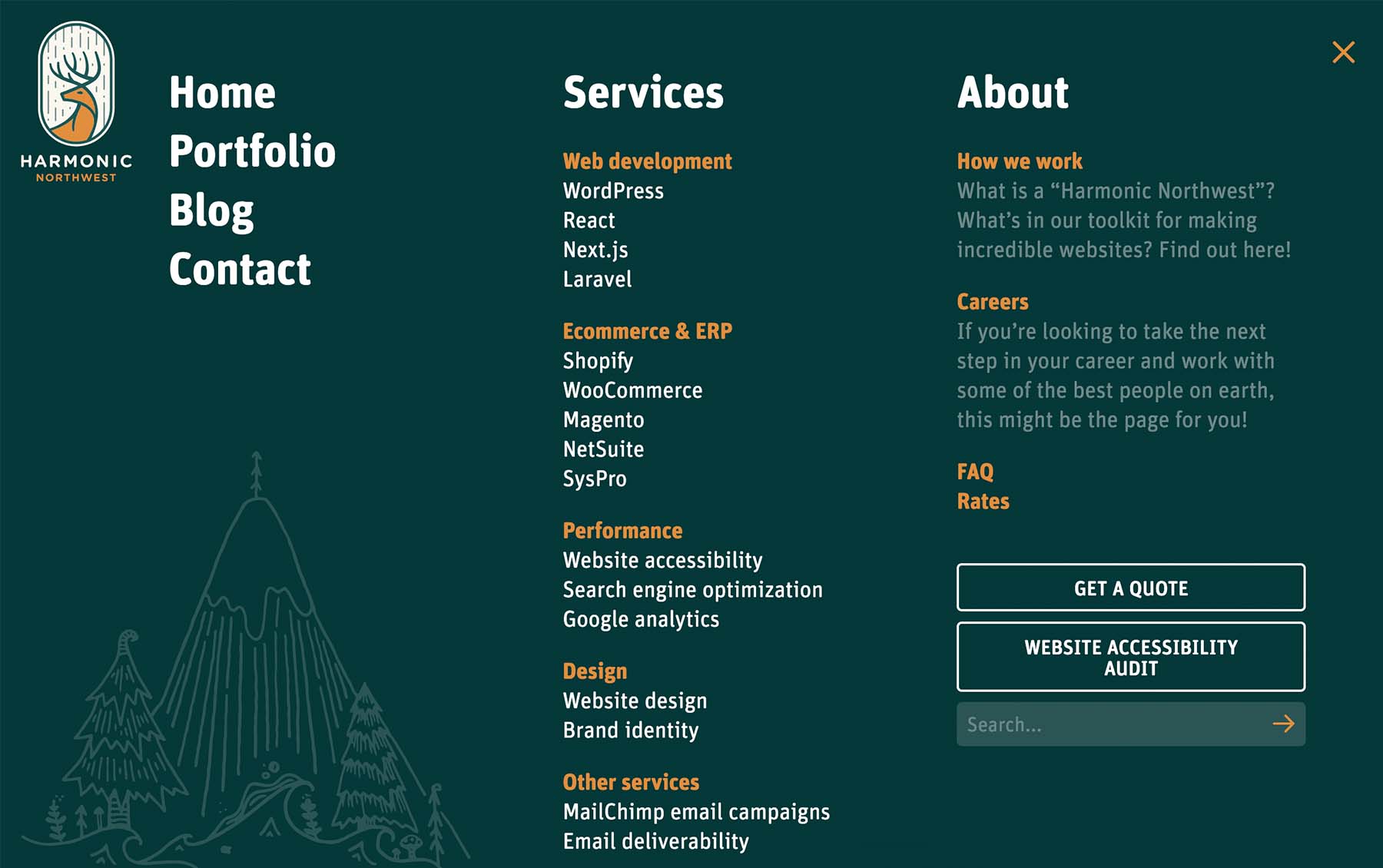 A screenshot from harmonicnw.com featuring the navigation menu