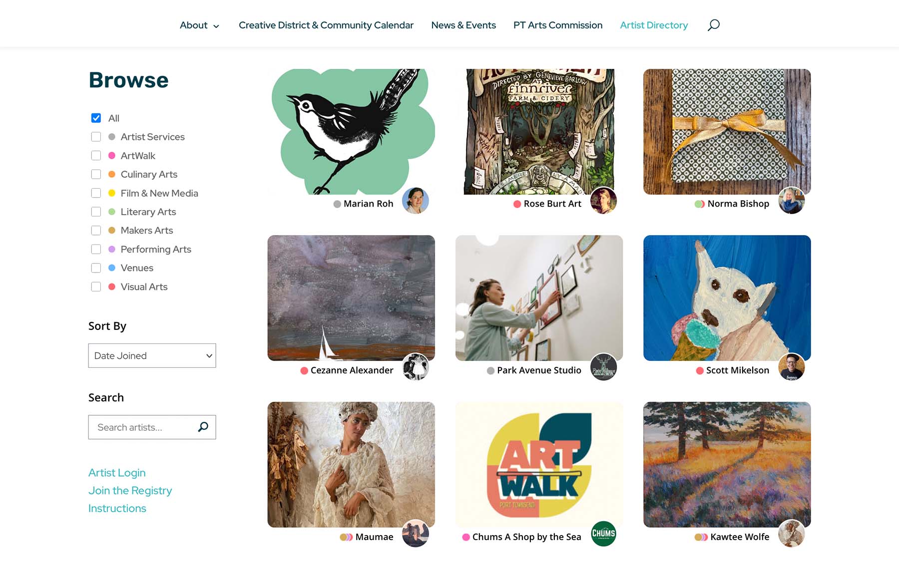 The artists page of the Port Townsend Creative District Artist Directory